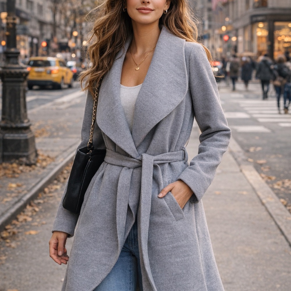 Forever 21 Gray Wrap Coat Belted Open Front Minimal Chic – Size Small